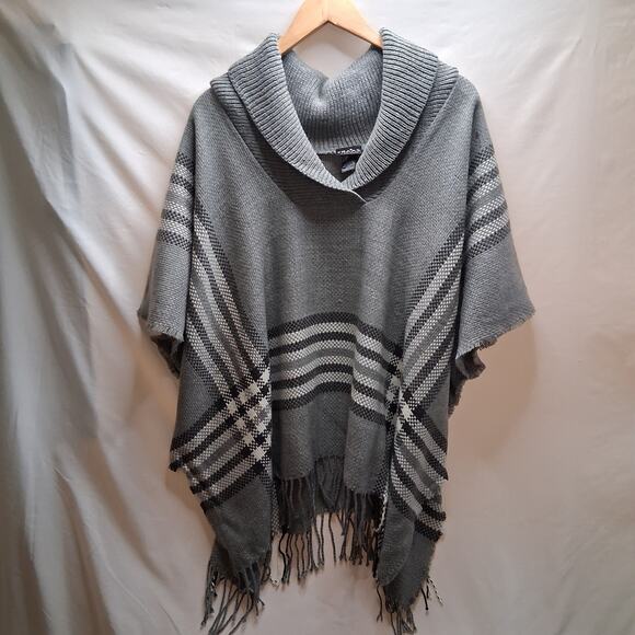 Fraas Sweaters - Fraas Cowl Neck Fringe Plaid Sweater Pullover Poncho Gray Plaid Women - One Size